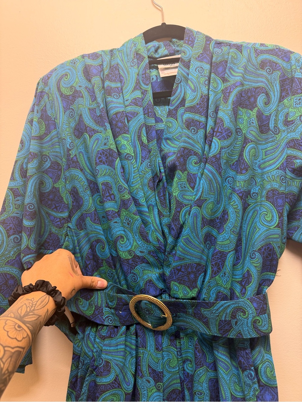 Vintage Paisley Belted Dress in Teal & Navy
